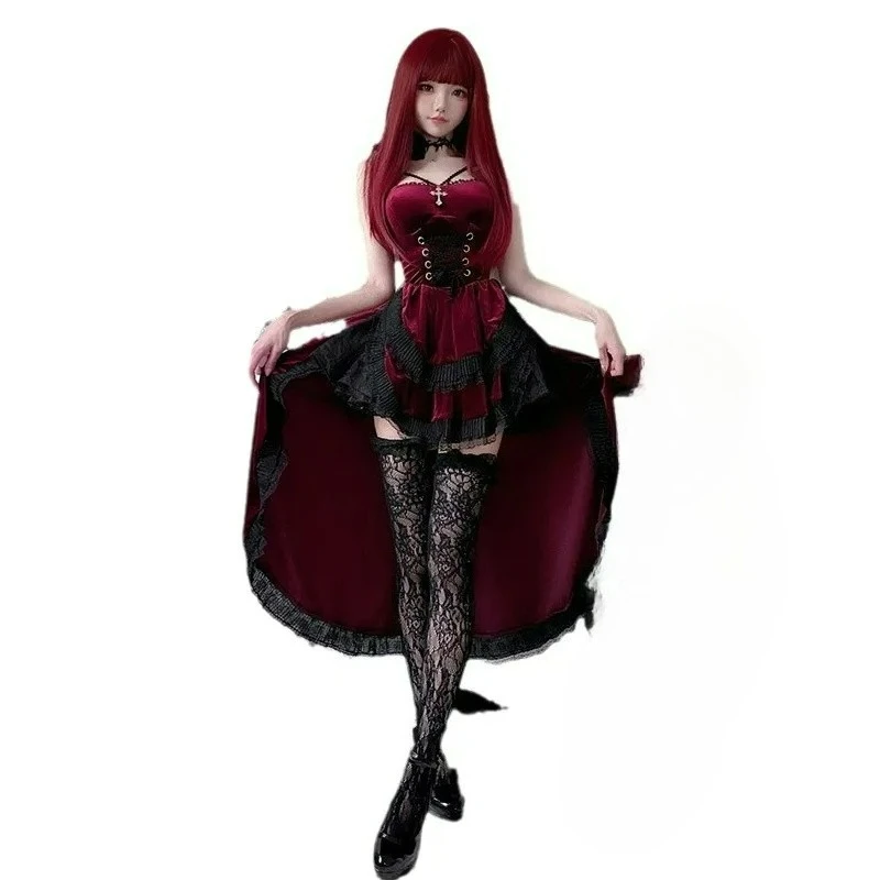 Lencería Sexy para mujer, disfraz gótico oscuro de Halloween, vestido de cola de milano, bruja, vampiro, novia, disfraz de actuación, traje rojo