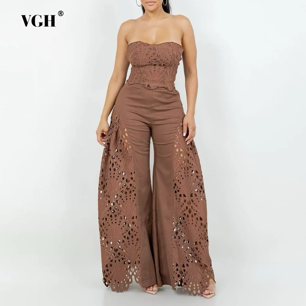 

VGH American Sexy Two Piece Set for Women Strapless Sleeveless Tube Top High Waist Hollow Out Wide Leg Pant Street Suit Female