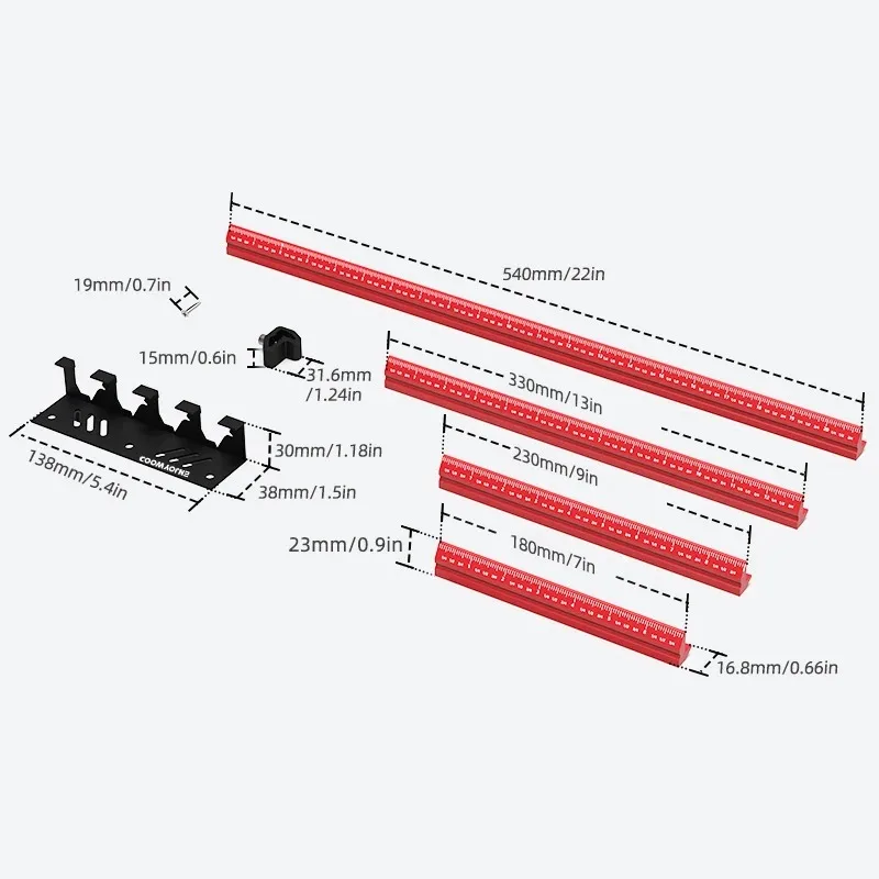 V자형 휴대용 줄자 4개, 양면 영국식 180-330mm 4-10인치, 보관용 후크 포함