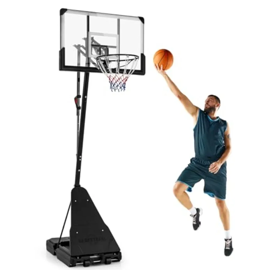 Portable basketball hoop for indoor outdoor use, polycarbonate backboard, black, height adjustable 4.9-10 ft with rebound plate