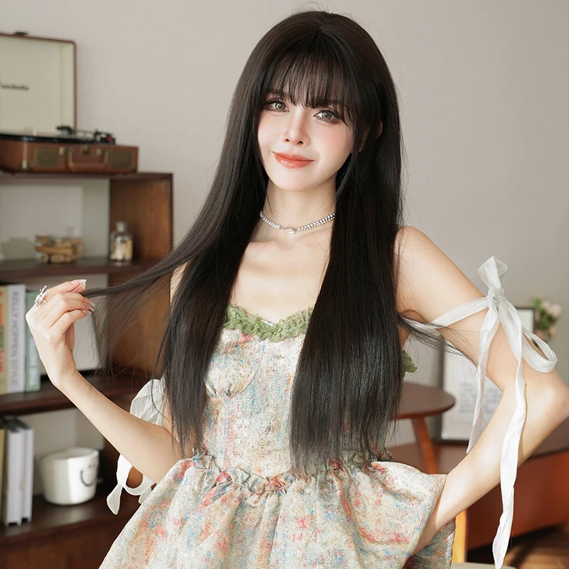 7JHH WIGS Routine Wig Synthetic Long Straight Dark Brown Wigs with Fluffy Bangs Soft Layered Hair Wig for Women Glueless Wig