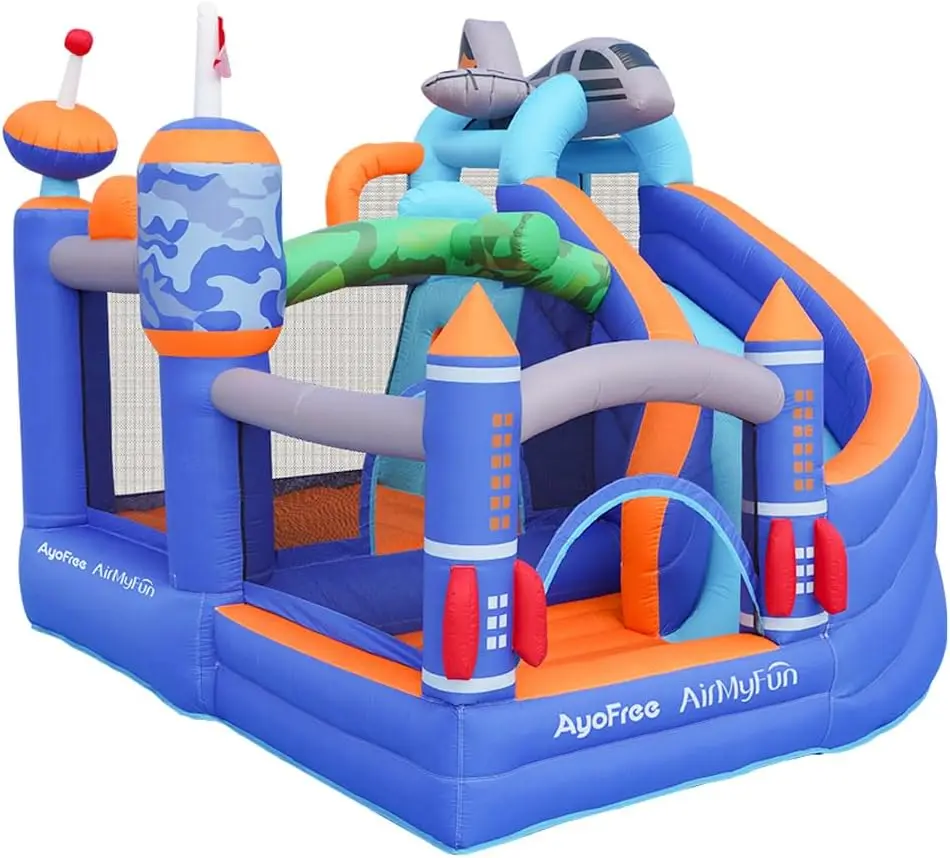 

Rocket-Themed Inflatable Bouncy Castle: Includes Obstacle Bouncer, Slide, and Air Blower