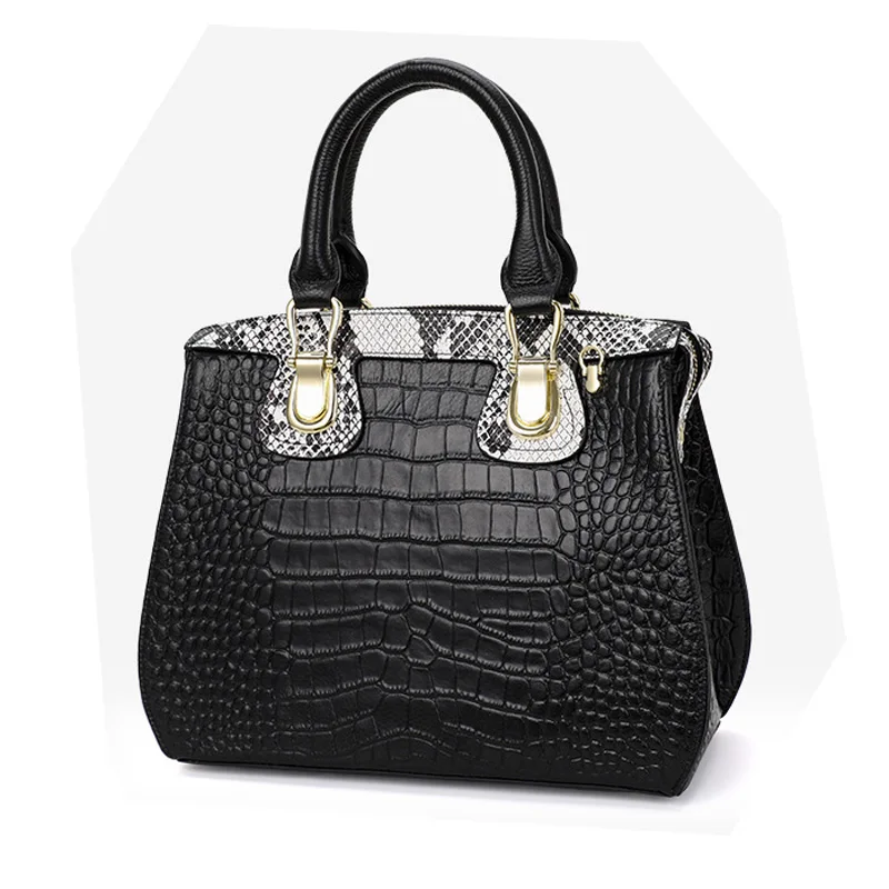 

Crocodile Women Genuine Leather Tote Bag Black Cowhide Handbag Female Serpentine Pattern Ladies Shoulder or Crossbody Bags