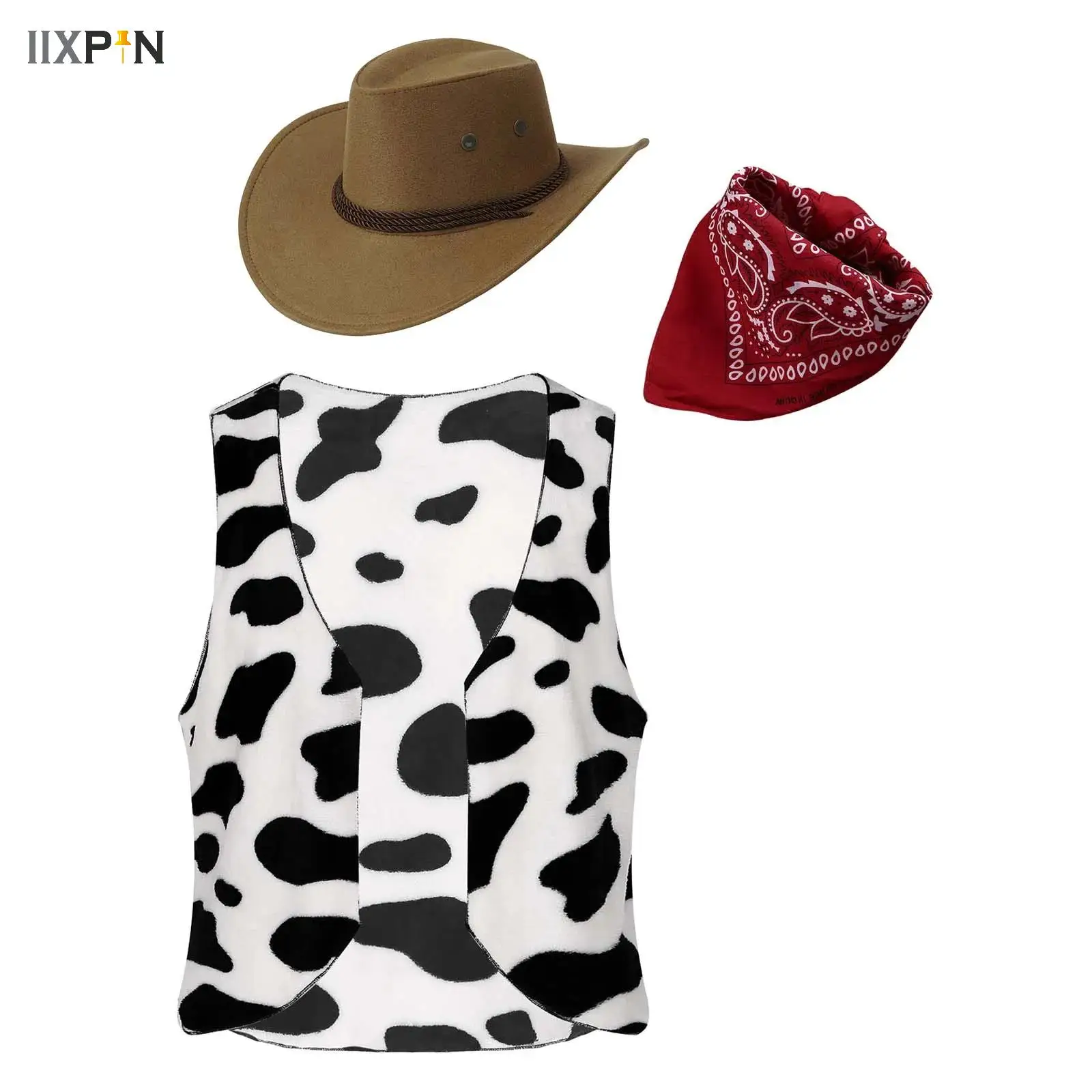 Mens Western Cowboy Cosplay Costume Cow Printed Waistcoat with Hat Bandanna Suit Halloween Party Dress-up Costumes Accessories