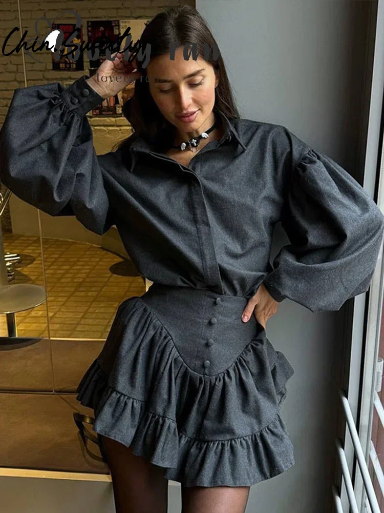 

Preppy Plaid Shirt Skirt Set Women 2025 Spring Autumn Lapel Buttons Blouse Full Sleeve T-shirts Zippers Skirts Sets Female