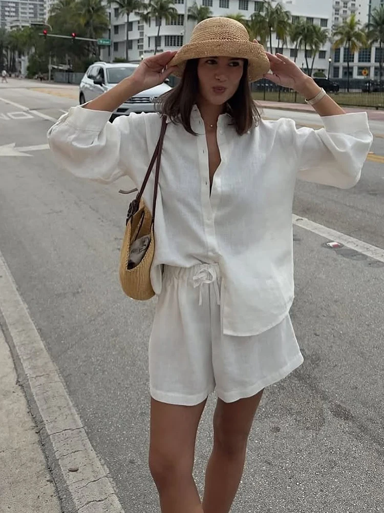 

Fashion White Women's 2-piece Suit Summer 2025 Casual Loose Short Pants Buckle Lapel Top Sets Elegant Lace-up Office Outfit Lady