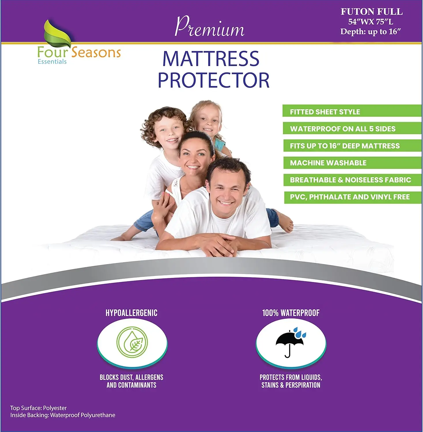 

Futon Full (54""X 75"") Waterproof Mattr Protector - Fitted Sheet Style - Hypoallergenic Premium Quality Cover Protects Against