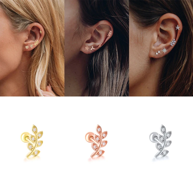 CANNER 2 Pieces 925 Sterling Silver Cartilage Ear Stud Earrings for Women Crystal Zircon Leaf/Flower/Moon Studs Piercing Jewelry