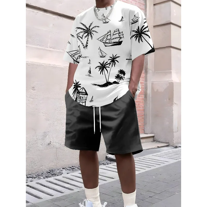 

2025 Модная мужская летняя свежая футболка и шорты с 3D-принтом Palm Tree для отдыха, повседневного и удобного ношения