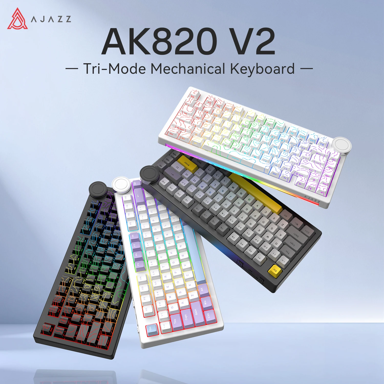 AJAZZ AK820 V2 Misty Sea Custom-Tastatur, Tri-Mode 2.4G/BT/Kabelgebunden, Vollständig Hot-Swap-fähig, Smart-Display-Drehknopf, Gasket-Montage mit 5-Schicht-Schalldämpfung, RGB, Dual 1K Polling Rate,