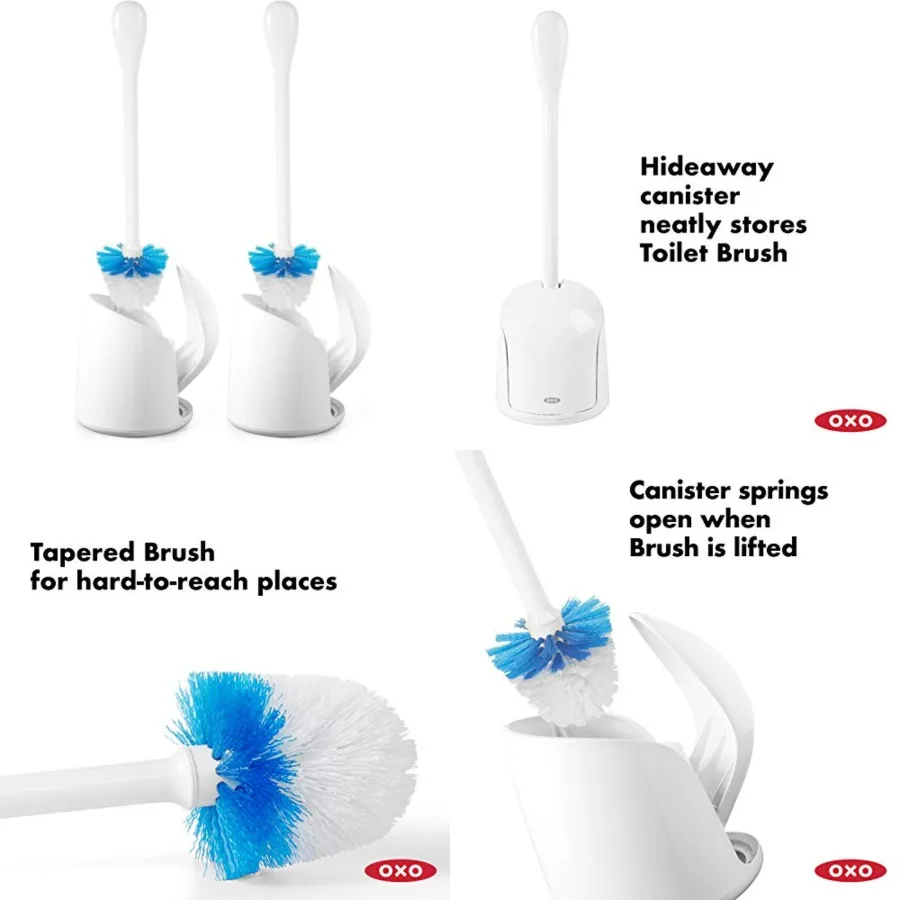 

Good Grips Compact Toilet Brush and Canister, Toilet Bowl Brush and Holder with Automatic Canister Door, Bathroom and Small Spa