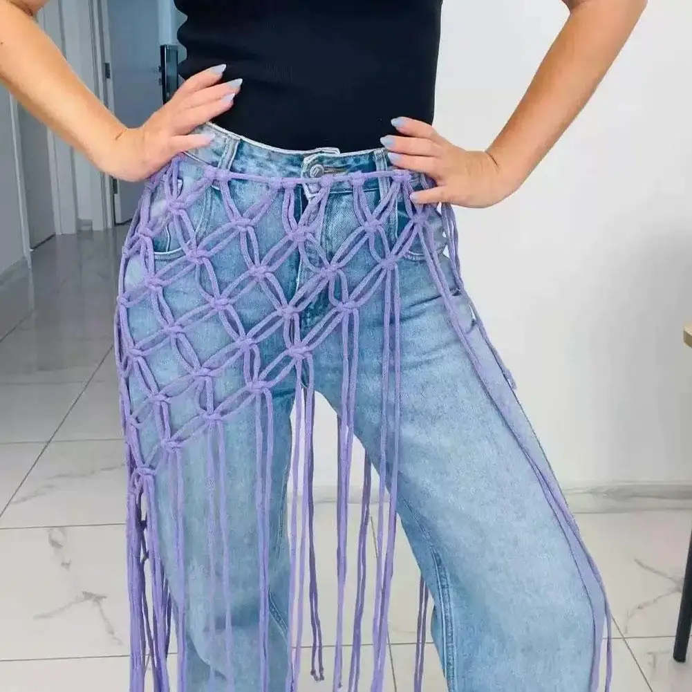 Sexy Netted Fringe Waistband Bikini Cover Up Skirt Handwoven Tassel Decorative Butt Curtain Bohemian Scarf Shawl Waist Band