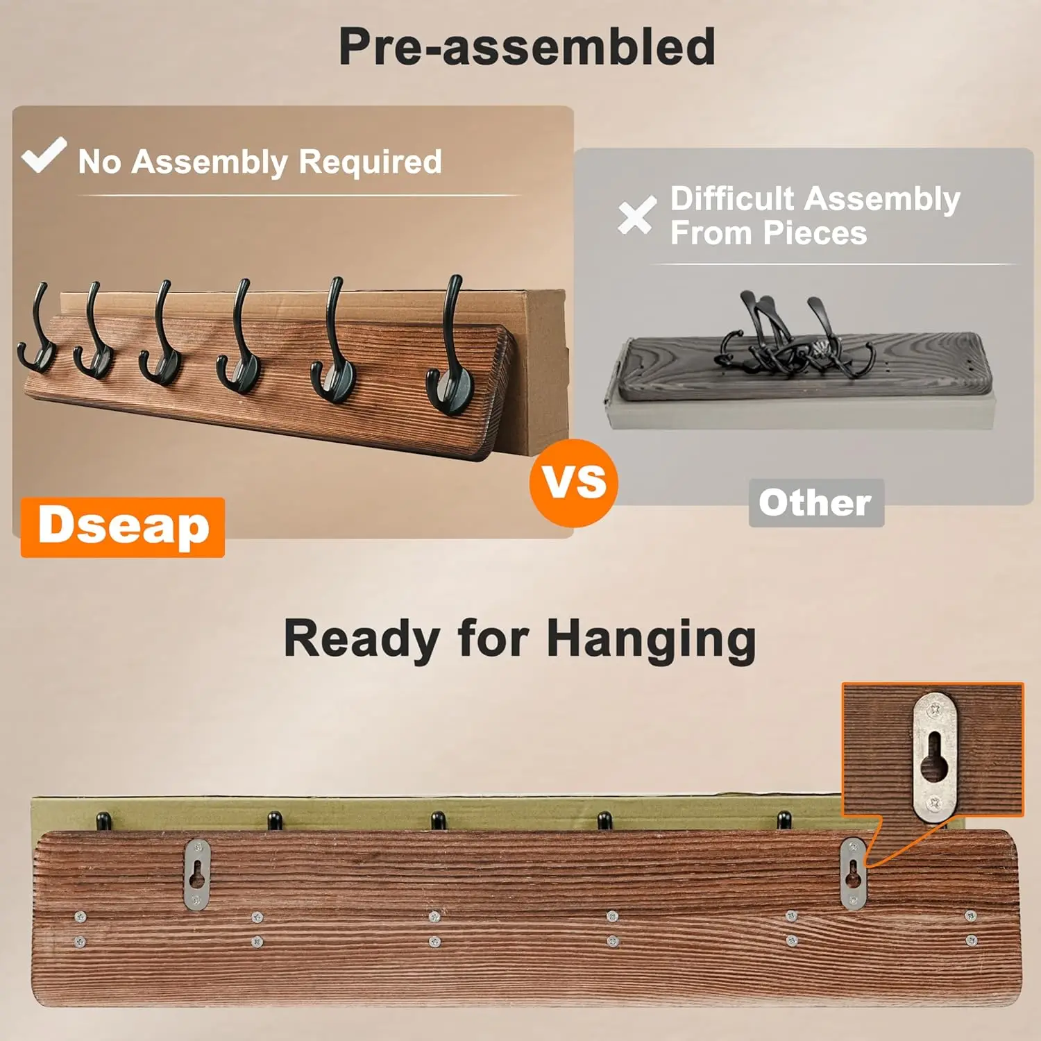 

Dseap Coat Rack Wall: 38-1/4"" Long, Patented, Heavy-Duty, 10-Double-Hooks Wooden Wall Mounted Coat Rack Coat Hanger Hook Rail