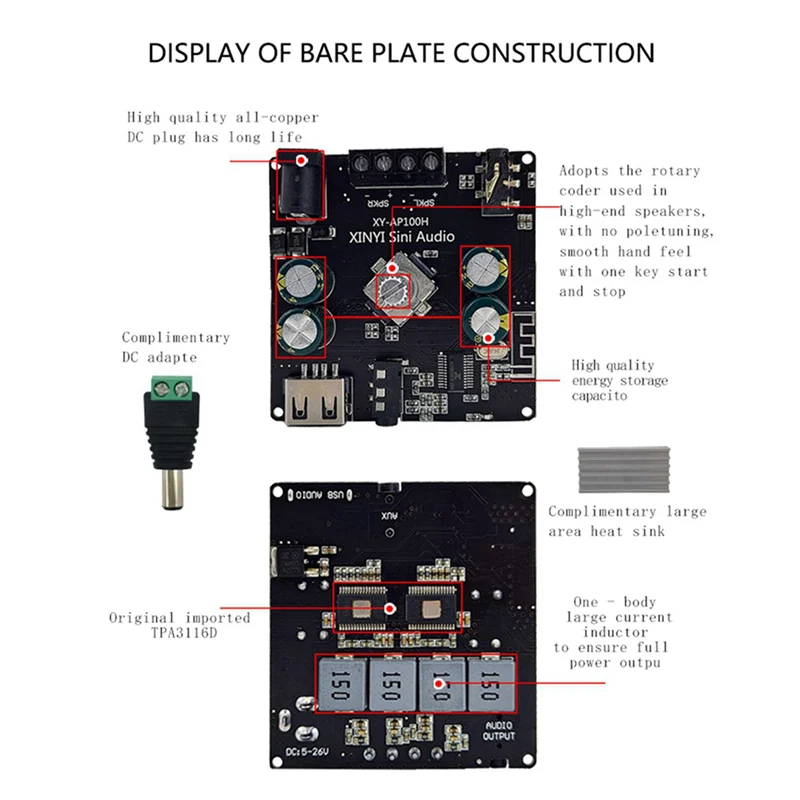 

Y43A-2X XY-AP100H 100 Вт + 100 Вт двойной TPA3116D2 Bluetooth 5,0 стерео аудио цифровой усилитель мощности плата AMP Amplificador AUX