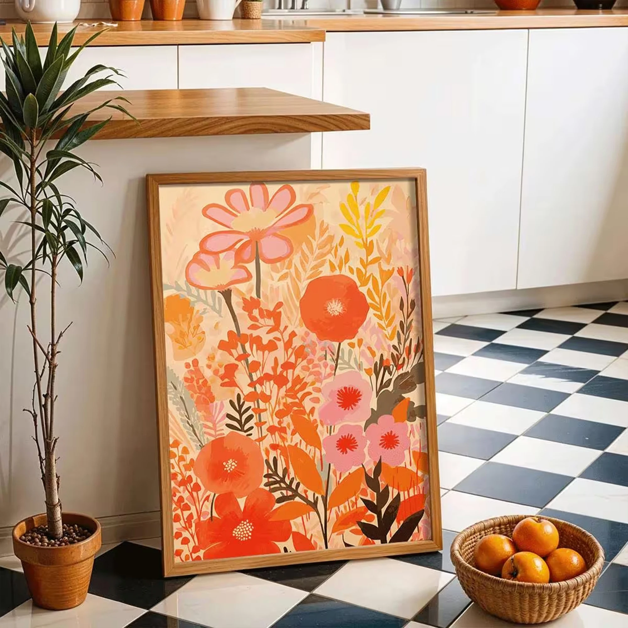 Retro Vibrant Orange & Pink Wildflowers Wall Art Print Canvas Painting Poster Picture For Living Room,Bedroom Home Decor