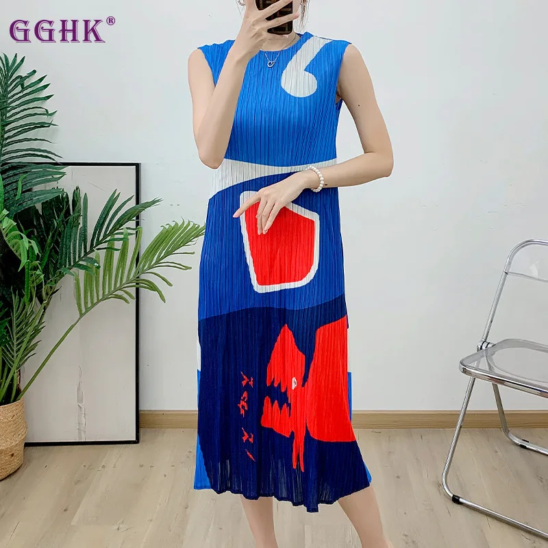 

GGHK Pleated Printed Women Tank Dress 2024 Summer New Round Neck Printed Design Loose Large Size Female Dresses