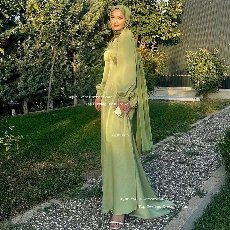 Xijun Green Satin Mermaid Evening Dresses Long Sleeves Muslim Prom Dresses Formal Dubai Floor Length Prom Gowns For Women 2024