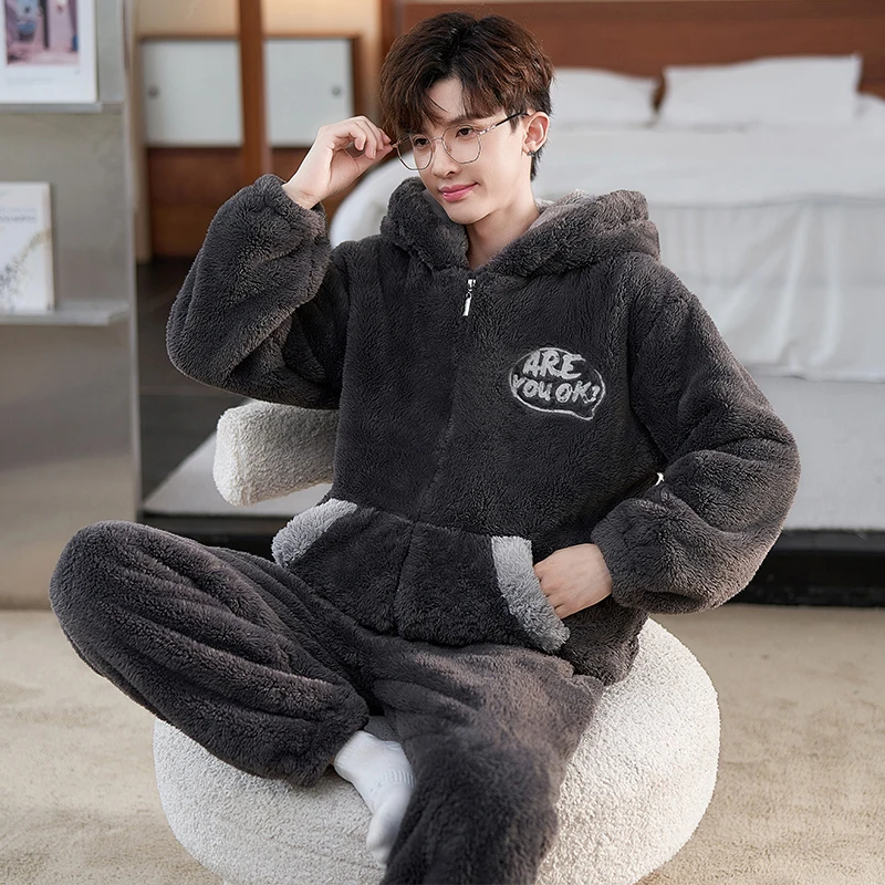 

DAIMELU пижамы с длинными рукавами, мужской комплект одежды для сна с капюшоном, фланелевая домашняя одежда на молнии из кораллового флиса, простой флисовый теплый костюм, ночная рубашка