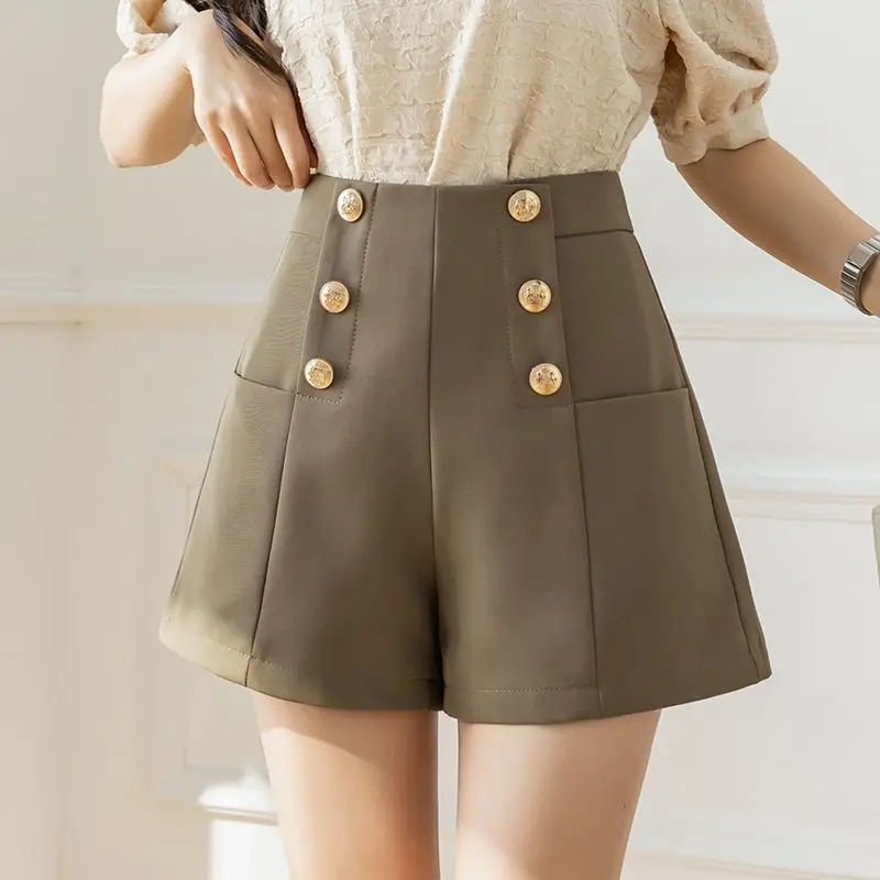 Spring and summer high waisted suit shorts versatile double breasted loose temperament commuting A-line wide leg shorts