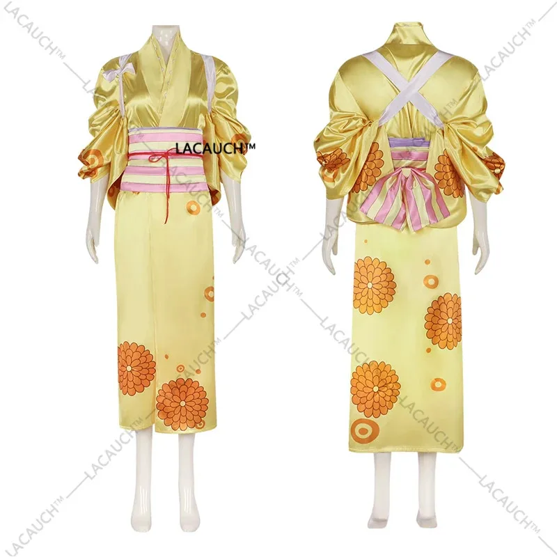 CyIN STOCK Anime Kikunojo 코스프레 의상 노란색 기모노 의상 할로윈 카니발 파티 역할 놀이 유니폼 여성용