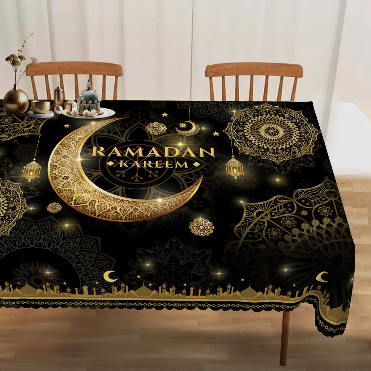 Ramadan Kareem Mubarak Tablecloth for Table Decor Black Golden Moon Mandala Print Eid Al Fitr Table Cloth Ramadan Decorations