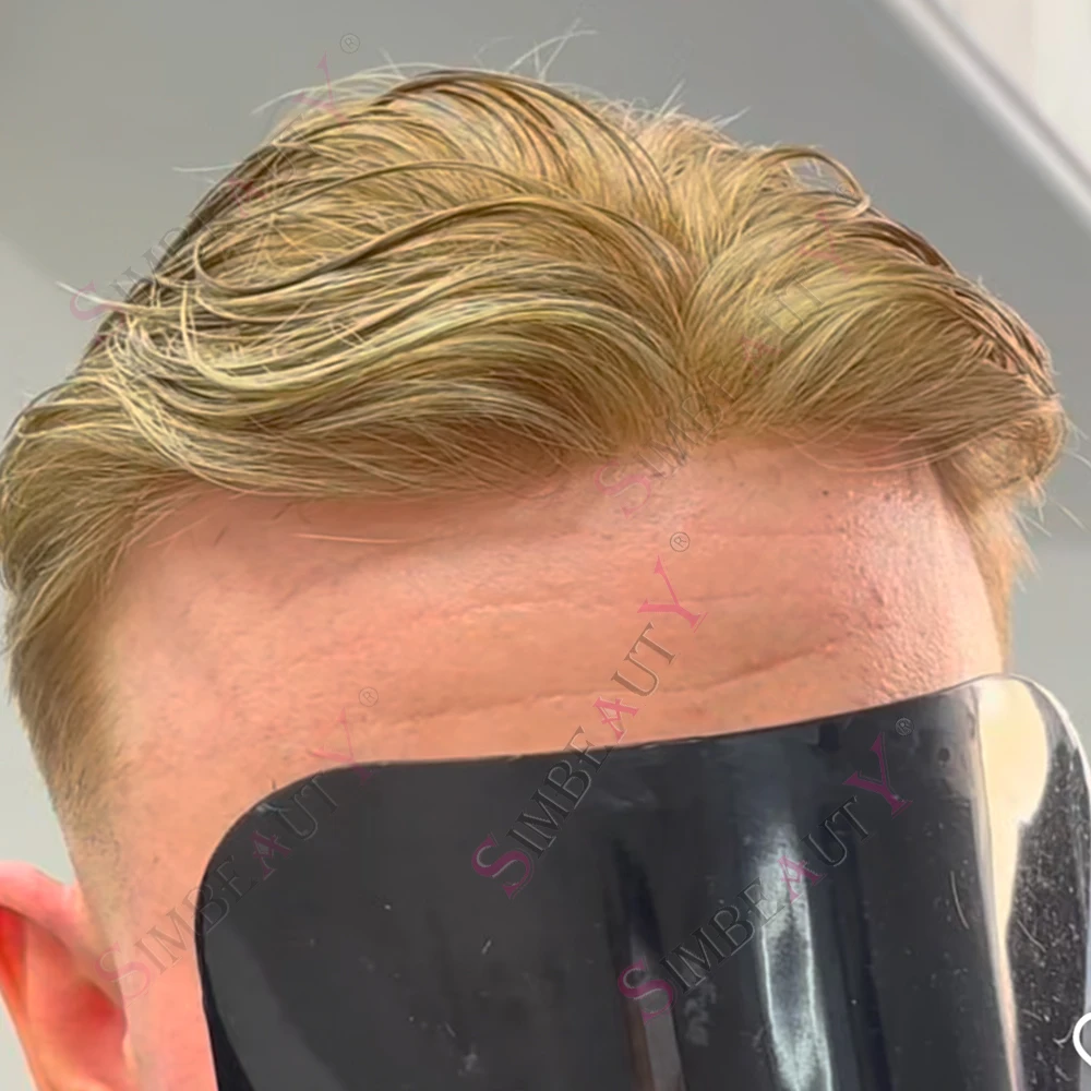 Thinnest 0.02mm Micro Skin Blonde Vloop Men's Wig Transparent PU Mens Toupee Black Grey Human Hair Replacement System Prosthesis