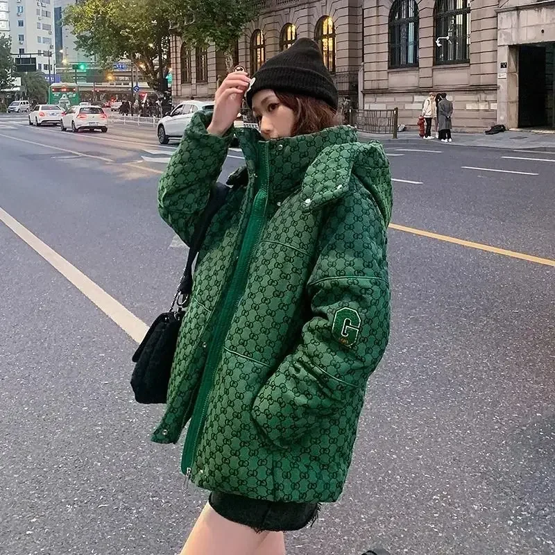 Luxo inverno carta impressão jaqueta com capuz roupas femininas tendência parkas puffer para baixo casacos de algodão design vintage à prova de vento outerwear