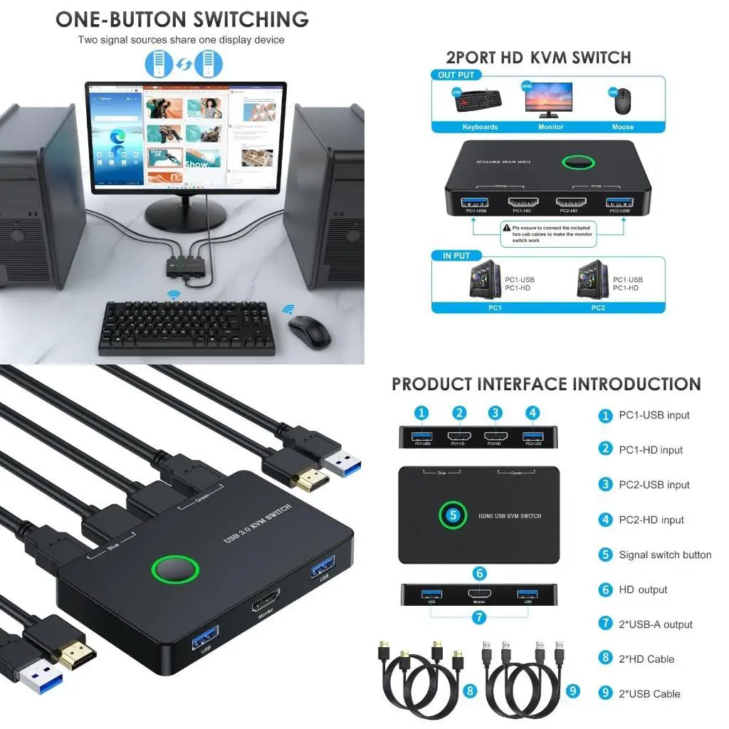 

31BA USB HDMI2,0 KVM Переключатель 4K60 Гц Элементы управления коммутатором 2 Computers Share