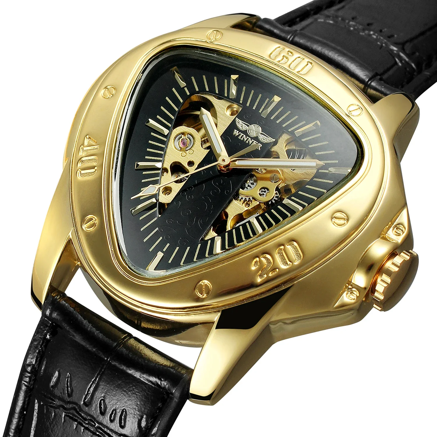 

Winner Men's Triangle Golden Skeleton Watch For Toughguy Mechanical Automatic Sport Mans Watches 2022 Top Brand Luxury Clock