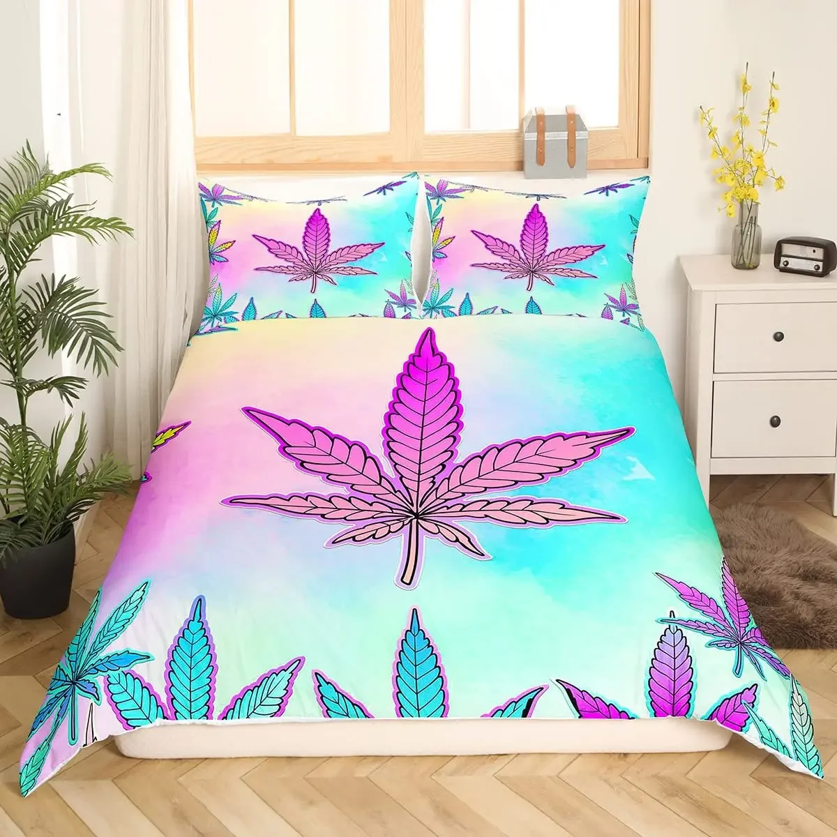 Cannabis Leaves Bedding Set Full Size,Watercolor Marijuana Leaves Duvet Cover,Tropical Jungle Comforter Cover for Youth Lady Boy