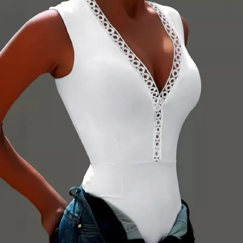 Women Sleeveless Lace V Neck Bodysuit Slim Fit Stretch Tank One Piece Underwear Tops
