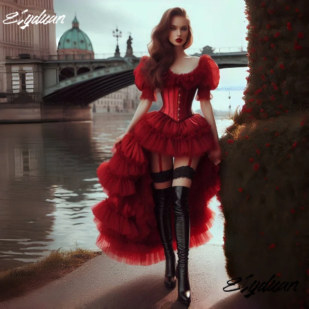 

Hi-Lo Red Prom Dress Puff Short Sleeves Ruffles Tiers Corset Evening Gowns Modern Birthday Special Occasion Dresses Customized