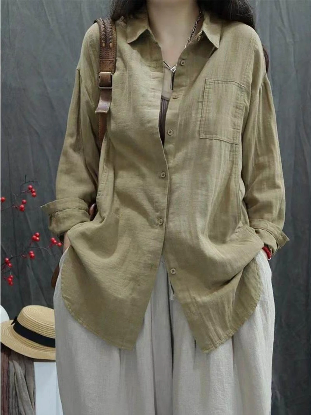 

Retro Simple Color irt Collar Jaet Women's Loose Slimming Casual Base Long Sve irt Spring Season Faion