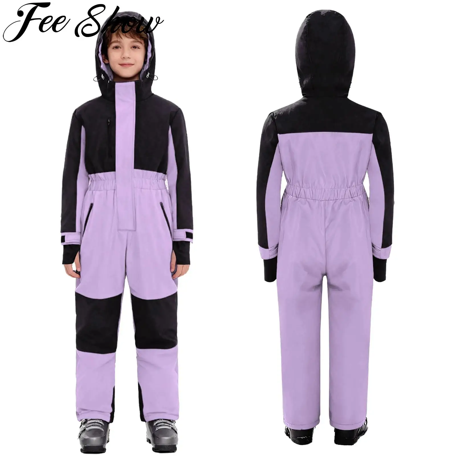 

Детский цельный зимний комбинезон, водонепроницаемый лыжный костюм, зимний комбинезон с длинными рукавами и капюшоном на молнии с карманами для катания на лыжах, сноуборде, спорта