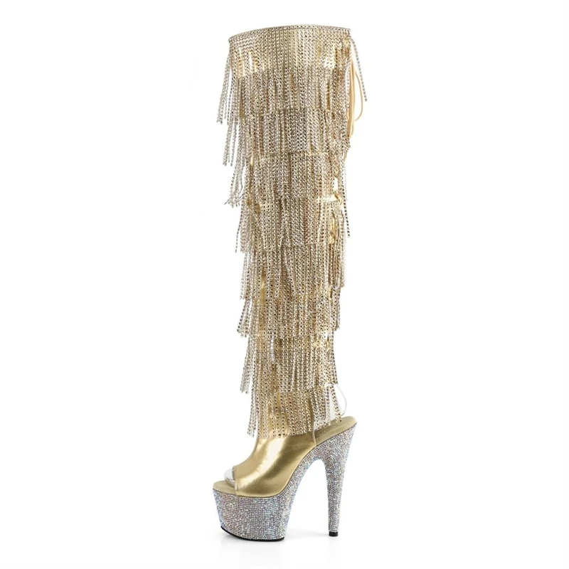 Gold Gothic Stripper Heels Over The Knee Boots 7Inch Fringe Rhinestone High Heels Exotic Dancer 17cm Over The Knee Boots Catwalk