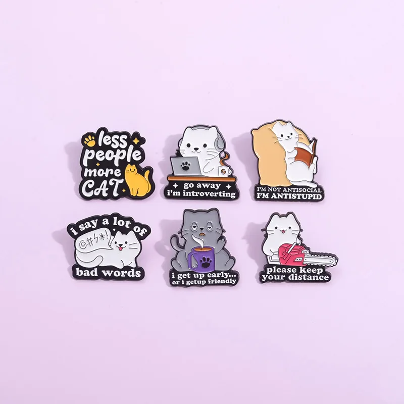 Cat themed enamel pin Cute cat brooch reading a book, playing games and drinking coffee Lapel Accessories Metal Badge Wholesale