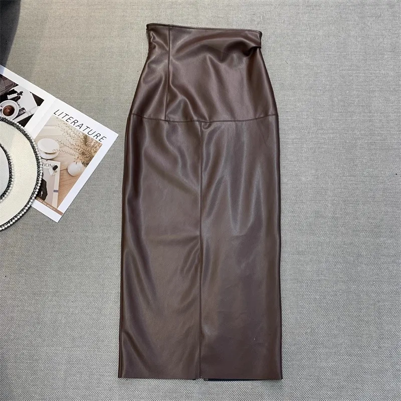 Vintage Trendy Soft Brown Faux Leather Long Skirt with Back Slit Women High Waist Luxury Elegant PU Dresses Spring Autumn New