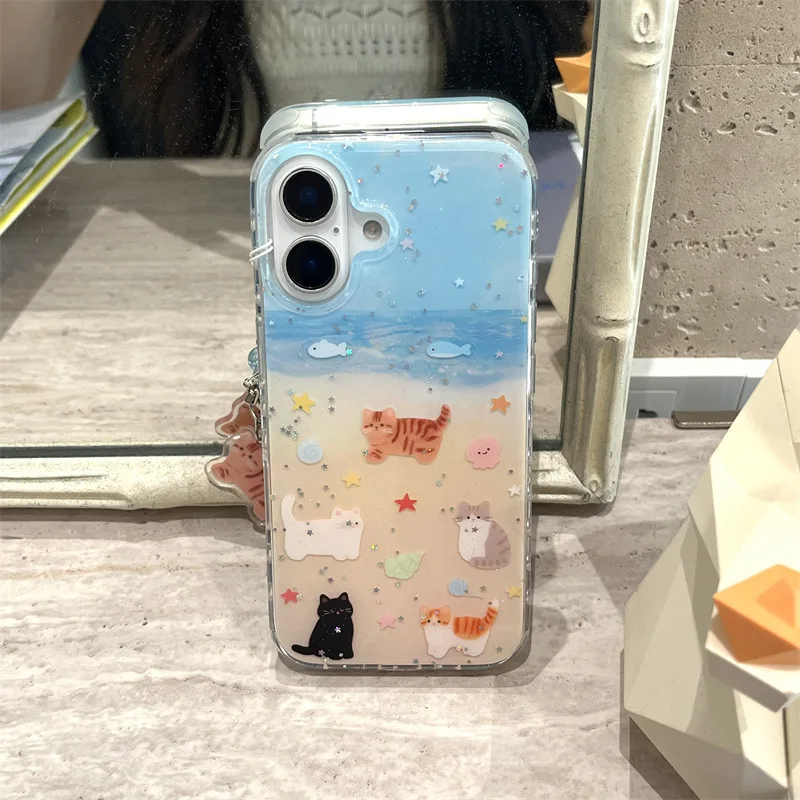 شاطئ أسود القط هريرة محارة الترتر بريق جراب هاتف آيفون 16 15 14 13 برو ماكس حافظة لطيف فاخر الكرتون غطاء مقاوم للصدمات