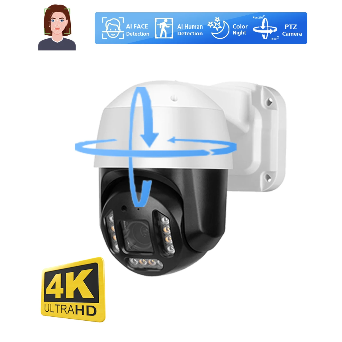 4K PTZ Security Camera 8MP Ai Face Detect Two Way Audio 50M Color Night Outdoor POE IP Camera for Video Surveillance NVR System