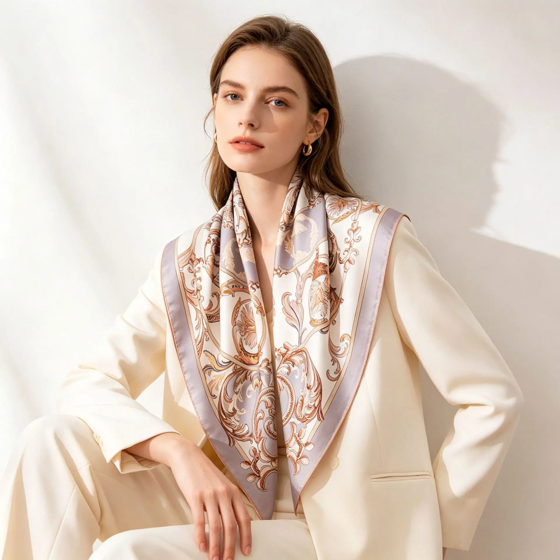 High-grade mulberry silk handmade roll double-sided printed square scarf commuting outside shawl