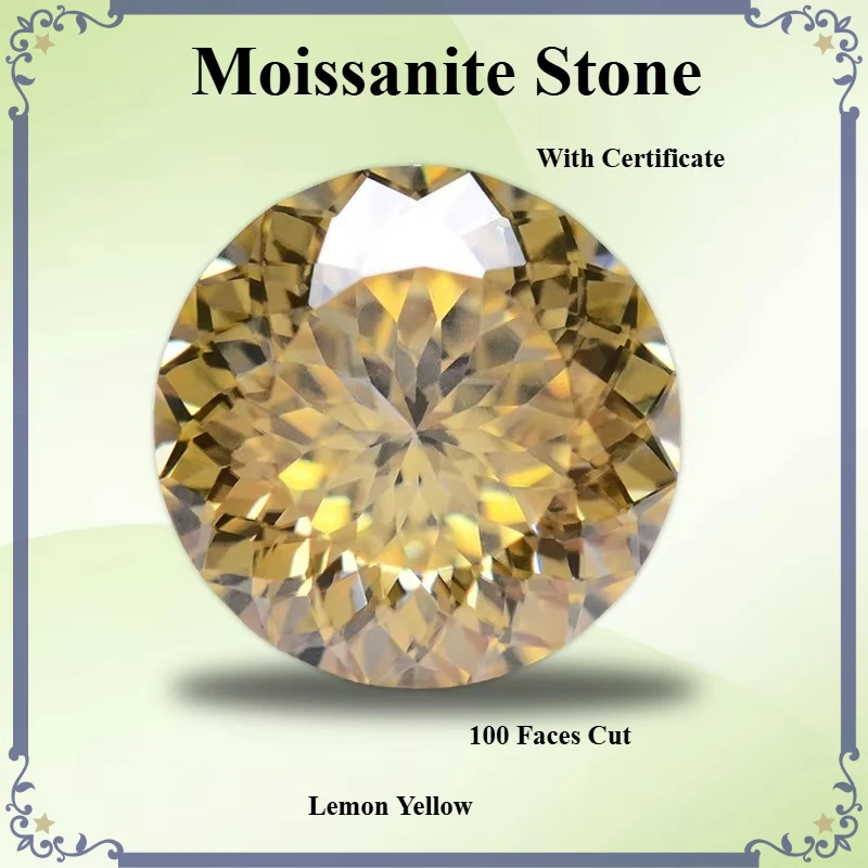 Moissanite Stone Round Shape 100 Faces Cut Lemon Yellow Colour For Jewelry Making With Certificate