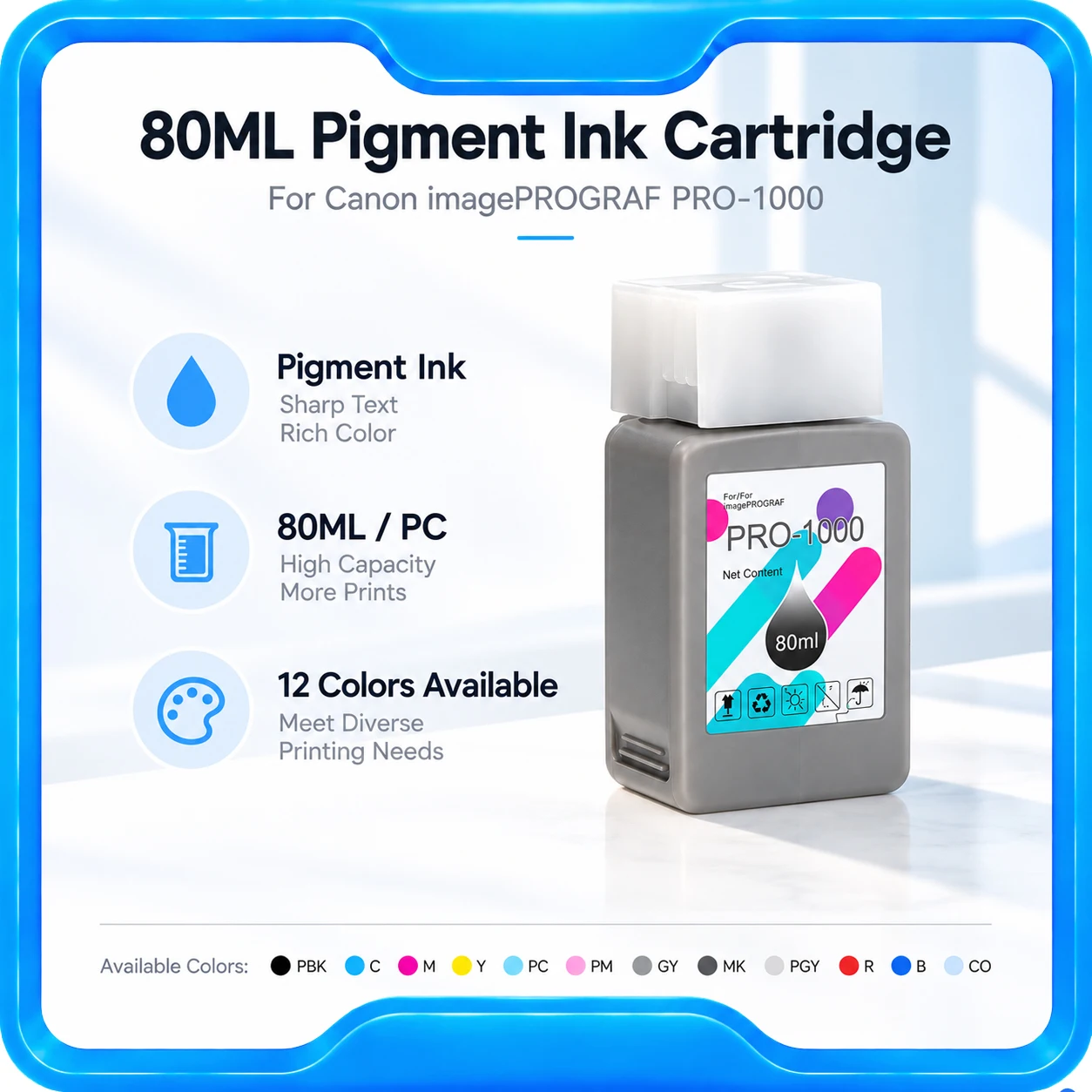 12 Color Cartridges for Canon Pro 1000 Printer Compatible Ink Cartridge with Chip and Pigment Ink