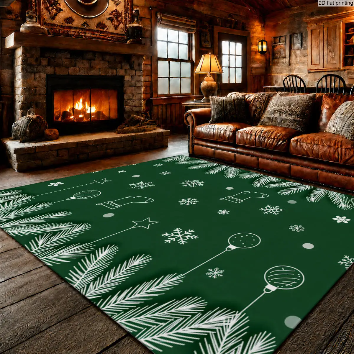 [2d Flat]Large Area Rug Dark Green with White Pattern - Featuring Pine Branches, Snowflakes, Stockings, Baubles, Stars - Halloween, Thanksgiving, Living Room, Bedroom, Holiday Decoration