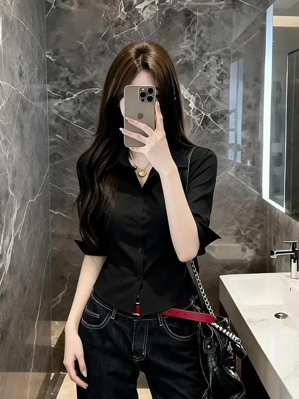 

Женская приталенная рубашка в корейском стиле с воротником и поясом, черная, с рукавом до локтя, для весеннего повседневного образа, дышащая, модная, для работы и отдыха