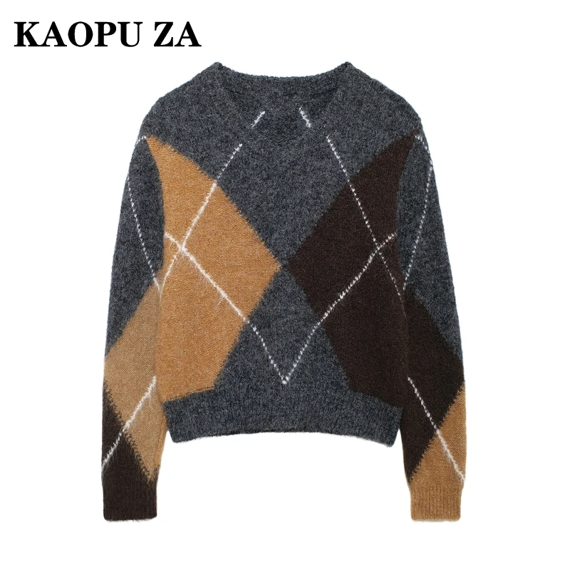 KAOPU ZA 2024 nuevo Otoño/Invierno mujer Casual suéter de punto con estampado de rayas moda femenina cuello redondo Top de punto de manga larga