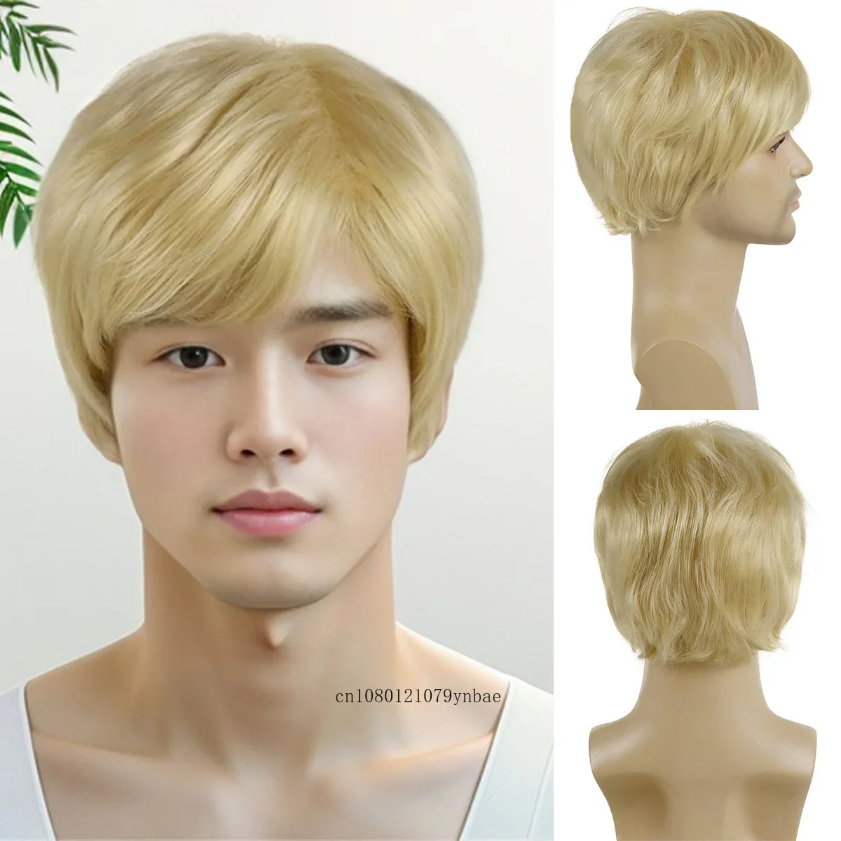 Short Blonde Synthetic Wig for Men Male Straight Wigs with Bangs Heat Resistant Fiber Daily Cosplay Party Adjustable Cap Size