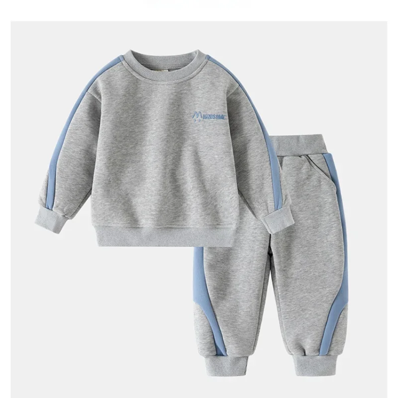 

Autumn Boys' Sportswear Sets Children 3-8Y Fleece Lined Color Block Sweatshirt And Pants 2Pcs Teen Tracksuit Outfit