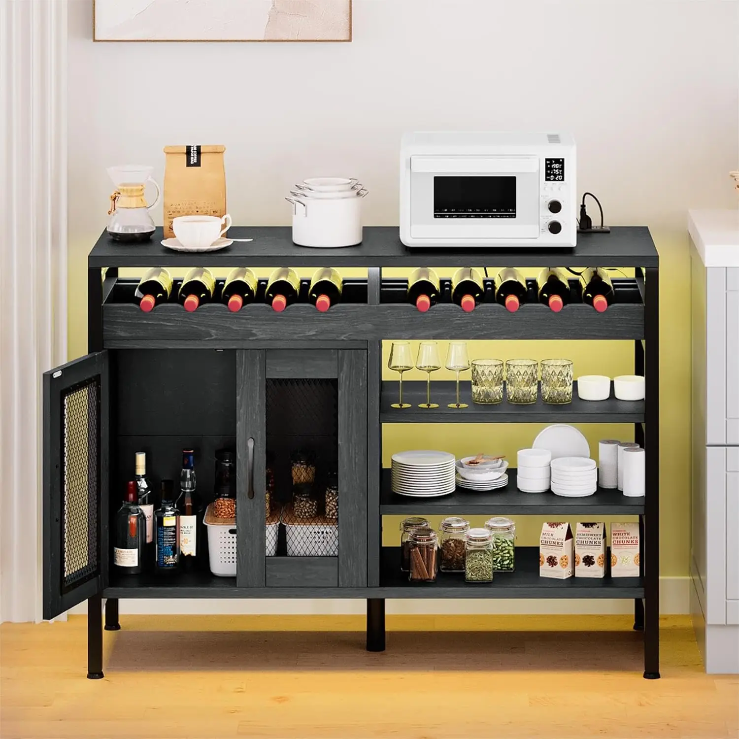 

47" Wine Bar Cabinet with LED Lights, Industrial Bar Cabinets with Power Outlets, Bar Table Stand for Liquor and Glasse