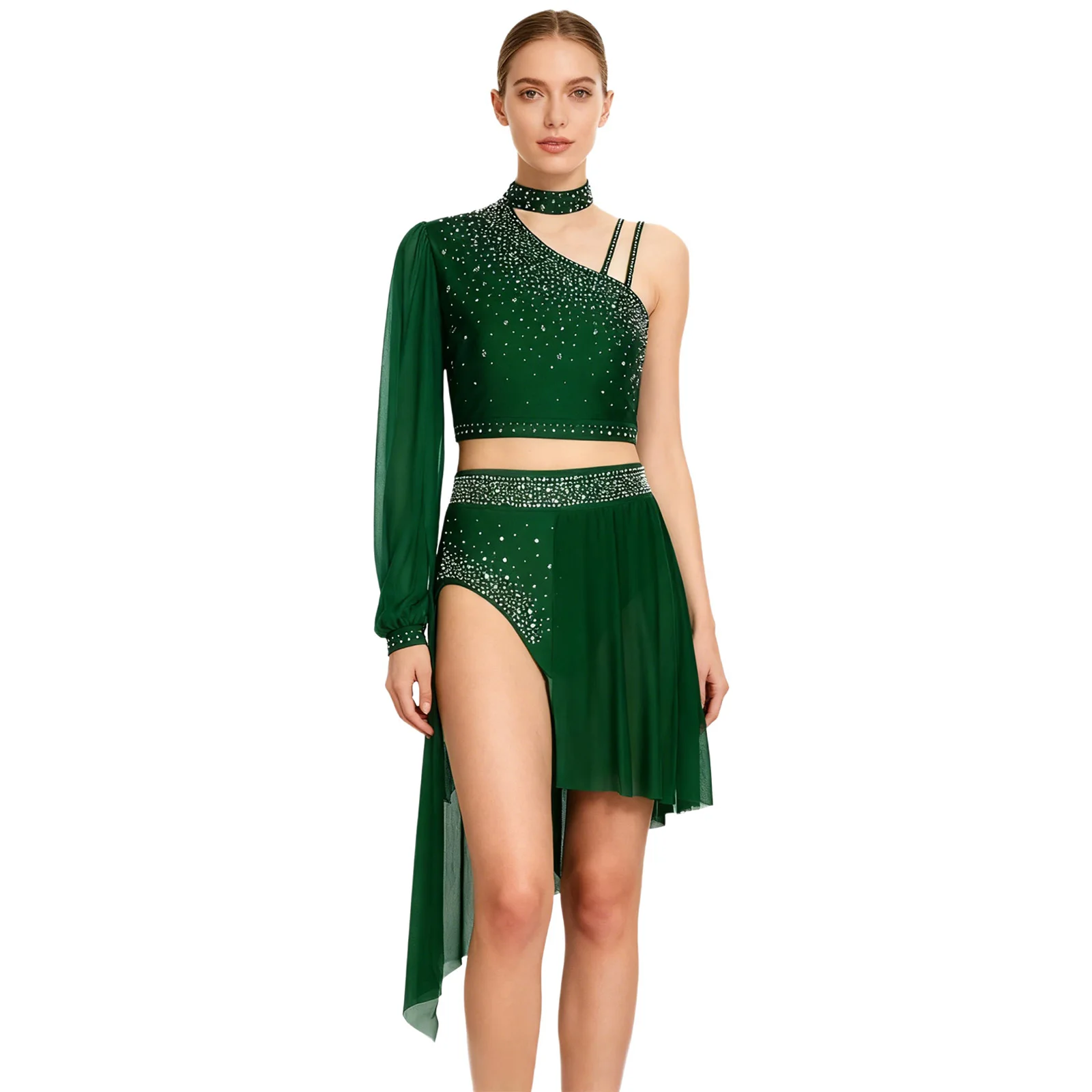 زي أداء الرقص الغنائي للسيدات، زي الرقص اللاتيني، قميص قصير من حجر الراين، شورت عالي الخصر مع تنورة #4