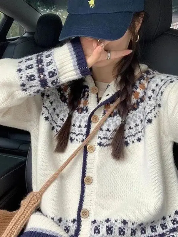 

Retro Christmas Hat Knitted Sweater Coat Women's Loose Thick Lazy Open Cardigan Soft Top Polyester Fiber Long Sleeve Elastic